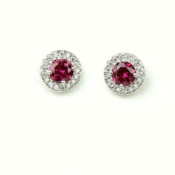 Solid 14k White Gold Round Halo Stud Push Back Earrings With Sparkling Stones - Picture 5 of 10
